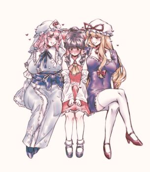 1futa 2girls blonde_hair blue_kimono blush bow breasts brown_hair bulge choker dress erection erection_under_clothes frilled_kimono frills futanari hair_bow hakurei_reimu hat hat_ribbon heart hitodama japanese_clothes kimono large_breasts long_hair long_sleeves mob_cap multiple_girls open_mouth orz_(kagewaka) pink_eyes pink_hair purple_dress purple_eyes purple_tabard red_eyes ribbon ribbon_choker saigyouji_yuyuko short_hair sleeve_garter smile tabard touhou triangular_headpiece wide_sleeves yakumo_yukari