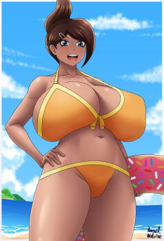 1girl absurdres asahina_aoi azraelwebster bare_shoulders beach blue_eyes breasts cameltoe cleavage curvy danganronpa:_trigger_happy_havoc danganronpa_(series) dark-skinned_female dark_skin female_focus hand_on_own_hip highres huge_breasts looking_at_viewer medium_hair navel solo thick_thighs thighs updo wide_hips