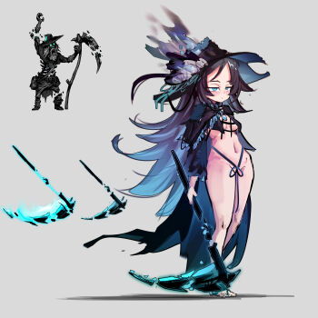 1girl absurdres aqua_eyes barefoot black_hair blue_hair blush breasts cloak commentary convenient_censoring darkest_dungeon english_commentary expressionless full_body gradient_hair hat highres holding holding_scythe long_hair miller_(darkest_dungeon) multicolored_hair naked_cloak navel reference_inset ribbon_censor scythe small_breasts solo transparent_background zhuma