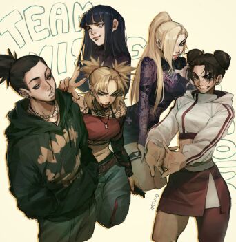 1boy 4girls black_hair black_shirt blonde_hair blunt_bangs breasts brown_eyes brown_hair brown_skirt cowboy_shot crop_top cropped_legs double_bun earrings fishnet_top fishnets green_hoodie grey_eyes hair_bun hair_over_one_eye hands_in_pockets highres hime_cut hood hood_down hoodie hyuuga_hinata jewelry long_hair medium_breasts medium_hair multiple_earrings multiple_girls nara_shikamaru naruto_(series) parted_bangs parted_lips ponytail print_hoodie quad_tails red_nails shirt side_slit skirt smile stretching temari_(naruto) tenten_(naruto) thigh_strap tongue tongue_out v virtuno white_hoodie yamanaka_ino