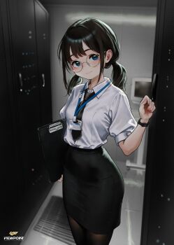 1girl artist_logo artist_name black_hair black_necktie black_pantyhose black_skirt blue_sky clipboard closed_mouth commentary_request cowboy dress_shirt highres holding holding_clipboard id_card indoors lanyard light_smile logo looking_at_viewer low_twintails monitor necktie office_lady original pantyhose pencil_skirt round_eyewear server server_room shirt short_sleeves skirt sky solo twintails viewpoint_(ie_moto) western white_shirt
