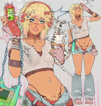 Rule 34 | absurdres, animal print, blonde hair, blue eyeliner, bracelet, breasts, cellphone, chain, crop top, eyeliner, fingerless gloves, fingernails, flip phone, full body, gloves, hair ornament, hairclip, highres, holding, holding phone, holding toy, jewelry, leopard print, long fingernails, loose socks, makeup, medium breasts, navel, original, parted lips, phone, pink nails, short hair, socks, star (symbol), star hair ornament, tamagotchi (virtual pet), tan, toy, virtual pet (toy), wide hips, y2k fashion, yoracrab