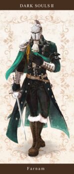 1boy adapted_costume armor ascot bearer_of_the_curse black_gloves black_pants boots brown_boots character_name coat commentary_request copyright_name dark_souls_(series) dark_souls_ii foil_(fencing) full_body fur-trimmed_boots fur_trim gloves green_coat helm helmet holding holding_sword holding_weapon lace-up_boots male_focus ouji_fashion pants pauldrons shoulder_armor single_pauldron solo standing suou_yuuchi sword weapon white_ascot