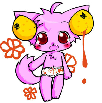 1girl ahoge animal animal_ears animal_hands annyui barefoot blush bow bow_panties cat cat_ears cat_girl cat_tail fang flat_chest floral_background floral_print flower food food_on_head fruit furry loli looking_at_viewer mandarin_orange navel object_on_head open_mouth orange_(fruit) original panties pink_fur pink_hair print_panties red_bow red_eyes red_flower short_hair smile standing tail topless_female underwear white_background white_panties