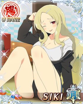 1girl ;p arm_up ass black_hoodie black_panties blonde_hair border breasts card_(medium) character_name cleavage denim denim_skirt dojikko_pose fallen_down game_cg hair_ornament hairclip hood hoodie indoors knees_up large_breasts long_hair middle_part miniskirt mole mole_under_mouth official_art one_eye_closed panties pantyshot parted_bangs red_eyes senran_kagura senran_kagura_new_wave shiki_(senran_kagura) shirt sitting skirt solo spread_legs tatami tehepero third-party_source tongue tongue_out underwear white_shirt zipper_pull_tab