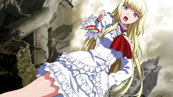 1girl blonde_hair blue_eyes breasts dot_nose dress emilie_de_rochefort female_focus fingerless_gloves frilled_dress frilled_skirt frilled_sleeves frills game_cg gloves hand_on_own_hip highres legs long_hair long_sleeves looking_at_viewer medium_breasts miniskirt morita_kazuaki official_art open_mouth outdoors pointing pointing_at_viewer queen&#039;s_blade queen&#039;s_gate queen&#039;s_gate_spiral_chaos skirt solo solo_focus teeth tekken thighs upper_teeth_only white_dress white_gloves white_skirt
