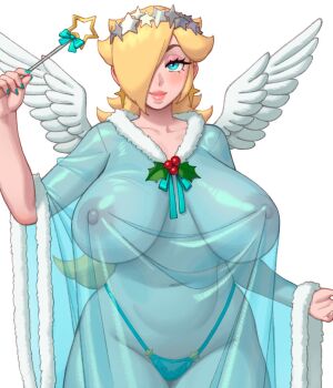 1girl alternate_breast_size_(larger) angel_wings blonde_hair blue_eyes blue_ribbon breasts breasts_apart closed_mouth commentary covered_erect_nipples covered_navel cowboy_shot earrings english_commentary feathered_wings fur_trim hair_over_one_eye highleg highleg_panties highres holding holding_wand holly huge_breasts jewelry lips looking_at_viewer mario_(series) nail_polish nintendo panties ribbon riz rosalina see-through_clothes simple_background solo star_(symbol) underwear wand white_background white_wings wings