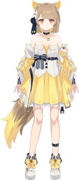 1girl animal_ear_fluff animal_ears arms_at_sides bare_shoulders black_choker blonde_hair blue_ribbon blunt_bangs boots bow brown_hair choker closed_mouth collarbone colored_inner_hair cross-laced_clothes cross-laced_sleeves dog_ears dog_girl dog_tail flower fold-over_boots footwear_bow frilled_skirt frills full_body hair_flower hair_ornament hair_ribbon highres jacket light_blush long_sleeves looking_at_viewer multicolored_hair nagishiro_mito off_shoulder official_art open_clothes open_jacket orange_eyes pleated_skirt ribbon second-party_source shirt short_hair simple_background skirt solo standing strapless strapless_shirt suzuhina_chuno tachi-e tail transparent_background two-tone_hair veil_project virtual_youtuber white_boots white_flower white_shirt yellow_bow yellow_jacket yellow_skirt