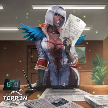 1girl blue_eyes bob_cut breasts capcom cleavage clock collar dark-skinned_female dark_skin desk devil_may_cry devil_may_cry_(series) devil_may_cry_4 digital_clock door gloria_(devil_may_cry) gloves highres lipstick_mark looking_at_viewer office official_art paper pen photo_(object) pink_lips plant potted_plant pov revealing_clothes shadow shiyuu_(shiyu) short_hair teppen trish_(devil_may_cry) white_hair