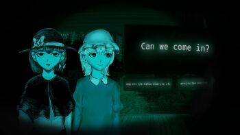 2girls black_capelet black_eyes black_hair black_hat blonde_hair bow bowtie capelet cityscape collar dark_background dress gameplay_mechanics hair_between_eyes hat hat_bow highres long_sleeves maribel_hearn meme mob_cap multiple_girls no_i&#039;m_not_a_human parody puffy_sleeves purple_dress shirt short_hair touhou usami_renko white_bow white_bowtie white_collar white_hat white_shirt wrell