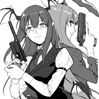 2girls amino_(tn7135) animal_ears arm_belt back-to-back bat_wings bespectacled black_vest blazer breasts collared_shirt commentary_request cowboy_shot dress_shirt glasses greyscale gun hair_between_eyes handgun head_wings jacket juliet_sleeves koakuma large_breasts light_smile long_hair long_sleeves looking_at_viewer looking_back low_wings m1911 mauser_c96 monochrome multiple_girls necktie pointy_ears puffy_sleeves rabbit_ears reisen_udongein_inaba round_eyewear shirt sidelocks simple_background slit_pupils touhou trigger_discipline very_long_hair vest weapon white_background white_shirt wings