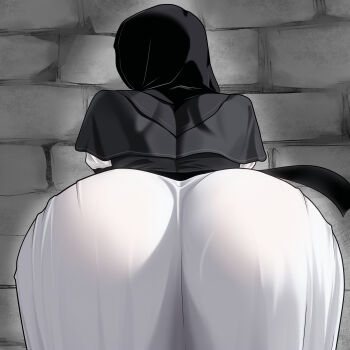 1girl absurdres ass ass_focus bent_over black_capelet black_gloves black_hood capelet commentary dress elden_ring elden_ring_nightreign from_behind gloves highres nun smilingchaos solo twitter_username undertaker_(elden_ring) white_dress