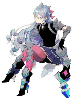 Rule 34 | 1boy, androgynous, blue eyes, blue hair, cone hair bun, crossdressing, crossdressing (mtf), drill hair, fire emblem, fire emblem engage, folded twintails, hair between eyes, hair bun, hair horns, highres, knee guards, long hair, looking at viewer, nintendo, pink hair, rosado (fire emblem), smile, solo, trap, yachimata 1205