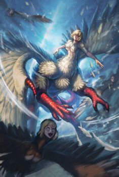 4girls :d absurdres bird_girl blonde_hair body_fur breasts centauroid chimera claws commentary_request creature dragon_tail dungeon_meshi falin_touden falin_touden_(chimera) feathered_wings feathers flying full_body hair_between_eyes highres large_breasts monster monster_girl multiple_girls open_mouth parted_lips red_scales robuja short_hair sidelocks smile solo_focus tail taur underboob white_feathers white_fur wings yellow_eyes