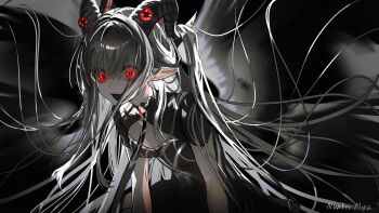 1girl absurdres black_background black_dress black_wings cross-shaped_pupils dress feathered_wings gawako grey_hair highres horns long_hair looking_at_viewer original pointy_ears red_eyes solo spread_wings symbol-shaped_pupils upper_body very_long_hair wings