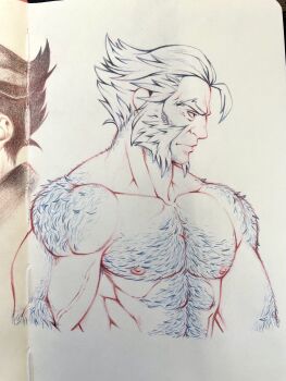 1boy abs bara facial_hair from_side highres large_pectorals male_focus marvel mature_male muscular muscular_male mutton_chops navel_hair nipples nude pectorals photo_(medium) profile serious short_hair sketchbook sodiumgoblin thick_arm_hair thick_back_hair thick_chest_hair thick_eyebrows thick_navel_hair traditional_media upper_body very_hairy wolverine_(x-men) x-men
