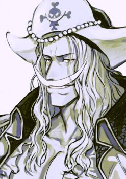 1boy aged_down chinese_commentary coat collared_coat commentary edward_newgate facial_hair greyscale hat insect_candy jolly_roger long_hair male_focus monochrome mustache one_piece pirate_hat simple_background smile solo whitebeard_pirates_jolly_roger