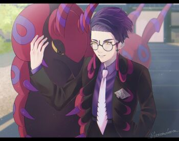 1boy antennae black-framed_eyewear black_hair black_jacket black_pants bug centipede collared_shirt colored_sclera corbeau_(pokemon) eyewear_strap gen_5_pokemon glasses hand_in_pocket highres jacket koromokoron long_sleeves mega_stone necktie nintendo open_clothes open_jacket pants parted_hair parted_lips pokemon pokemon_(creature) pokemon_legends:_z-a purple_hair purple_shirt round_eyewear scolipede shirt short_hair short_sideburns smile undercut white_necktie yellow_eyes yellow_sclera