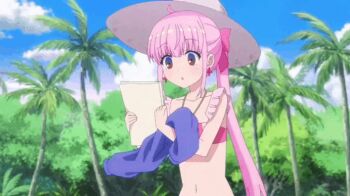 2girls animated animated_gif beach bikini braid breasts cloud convenient_censoring fa_(rpg_fudousan) hat innertube kazairo_kotone large_breasts multiple_girls navel nude ocean outdoors ponytail rpg_fudousan running sky subtitled swim_ring swimsuit undressing water