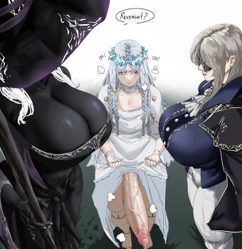 1futa 2girls absurdres black_skin blindfold_mask blonde_hair blue_eyes braid breasts cleavage clothes_lift colored_skin commentary_request doll_joints dress dress_lift duchess_(elden_ring) elden_ring elden_ring_nightreign eye_mask flat_chest futanari grey_hair hat head_wreath heavy_breathing height_difference highres holding holding_staff huge_breasts huge_penis jacket joints kulfodo lifting_own_clothes long_hair mask multiple_girls penis precum recluse_(elden_ring) revenant_(elden_ring) staff sweatdrop white_hair witch_hat