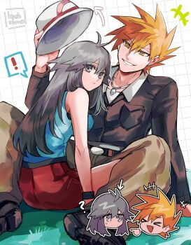 ! 1boy 1girl ? black_jacket blue_oak breasts brown_eyes brown_hair brown_pants commentary english_commentary hat highres holding holding_unworn_clothes holding_unworn_hat jacket jewelry kash-phia leaf_(pokemon) long_hair nintendo pants pendant pokemon pokemon_frlg red_skirt shirt short_hair skirt speech_bubble spiked_hair spoken_exclamation_mark unworn_hat unworn_headwear white_background white_hat white_shirt