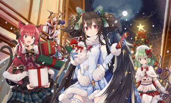 4girls alternate_costume alternate_hairstyle animal_ear_fluff artist_request back_bow black_bow black_bowtie black_choker blue_dress blue_gloves bow bowtie box candy candy_cane capelet choker christmas christmas_tree closed_mouth disembodied_linked_eye dress eyeball fang food fur-trimmed_capelet fur-trimmed_dress fur-trimmed_sleeves fur_trim game_asset garter_straps gift gift_box gloves gourd green_eyes green_hair green_skirt hair_between_eyes hat heart heart_of_string highres holding holding_gift holding_gourd ibuki_suika kaenbyou_rin komeiji_koishi lace lace-trimmed_skirt lace_trim long_hair long_sleeves looking_at_viewer medium_hair multiple_girls night non-web_source official_art open_mouth orange_eyes orange_hair outdoors pantyhose pink_capelet pink_dress pink_hat plaid_clothes plaid_skirt print_dress red_bow red_bowtie red_capelet red_dress reiuji_utsuho santa_costume santa_dress self-datamine skirt smile snowflake_print touhou touhou_arcadia_record very_long_hair white_pantyhose