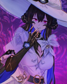 absurdres belt black_claws black_flower breasts brown_hair claws cleavage demon_horns dress flower hat hat_flower highres honkai:_star_rail honkai_(series) horns looking_at_viewer mole mole_under_eye red_eyes smile sun_hat the_dahlia_(honkai:_star_rail) white_dress white_hat xu77106413