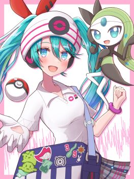 2girls absurdres aqua_hair bag beanie black_dress blush bracelet breasts collarbone collared_shirt dress gen_5_pokemon gloves green_skirt grey_skirt hair_between_eyes hair_ornament hand_on_own_chest hat hatsune_miku headset highres jewelry legendary_pokemon looking_at_viewer medium_breasts meemen meloetta miku_day multiple_girls mythical_pokemon nintendo official_alternate_costume official_alternate_hairstyle open_mouth plaid_clothes plaid_skirt poke_ball poke_ball_print poke_ball_symbol pokemon pokemon_(creature) project_voltage psychic_miku_(project_voltage) shirt short_sleeves shoulder_bag single_glove skirt smile vocaloid white_gloves white_shirt