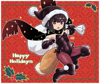 Rule 34 | 1girl, animal ears, black scarf, boots, breasts, brown boots, brown eyes, brown gloves, brown hair, brown hat, brown leotard, brown pantyhose, brown scarf, commentary request, elbow gloves, fox ears, fox girl, fox tail, full body, fur-trimmed gloves, fur-trimmed headwear, fur trim, gloves, gradient scarf, happy holidays, hat, holding, holding sack, kukuri (mawaru), leotard, mawaru (mawaru), open mouth, original, pantyhose, sack, santa hat, scarf, small breasts, solo, sparkle, strapless, strapless leotard, tail, thigh boots, torn clothes, torn scarf
