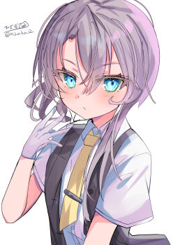 1girl absurdres blue_eyes commentary_request dress_shirt gloves grey_hair highres hizaka kantai_collection long_hair looking_at_viewer necktie nowaki_(kancolle) shirt side_ponytail solo tsurime twitter_username upper_body vest white_gloves