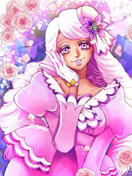 1girl ascot bow colored_eyelashes dark-skinned_female dark_skin dress fascinator flower frilled_ascot frills gem glove_bow gloves green_gemstone hair_ornament hand_on_own_cheek hand_on_own_face hand_up highres jacinthe_(pokemon) jewelry juliet_sleeves long_hair long_sleeves looking_at_viewer low_drills momic0m nintendo parted_lips pink_flower pink_lips pink_rose pokemon pokemon_legends:_z-a puffy_sleeves purple_dress purple_eyes purple_hair rose smile solo very_dark_skin white_gloves yellow_bow