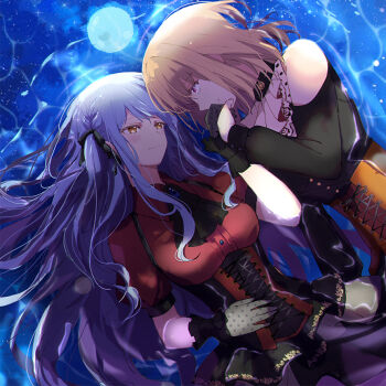 2girls ascot bang_dream! bang_dream!_it's_mygo!!!!! black_ascot black_corset black_dress black_gloves black_ribbon black_skirt blonde_hair blue_hair clothing_cutout collared_shirt commentary corset doloris_(bang_dream!) dress gloves hair_ribbon holding_hands long_hair medium_hair misumi_uika moon multiple_girls oblivionis_(bang_dream!) purple_eyes red_shirt reflection rhapsode ribbon shirt shoulder_cutout skirt togawa_sakiko two_side_up water yellow_eyes yuri