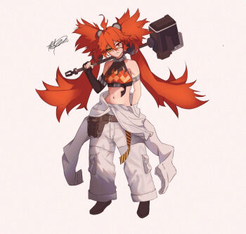 1girl absurdres ahoge animal_ears bare_shoulders bear_ears black_gloves breasts crop_top eyepatch fake_animal_ears fingerless_gloves gloves hair_between_eyes hair_ornament highres holding koleda_belobog lattelemon20 long_hair looking_at_viewer midriff navel original pants red_eyes red_hair solo sphere_hair_ornament twintails zenless_zone_zero