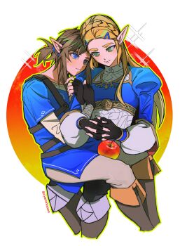 1boy 1girl apple black_gloves black_pants blonde_hair blue_eyes blue_shirt blue_tunic blush boots border braid breasts brown_hair commentary_request crown_braid earrings feet_out_of_frame fingerless_gloves food fruit gloves gold_trim gradient_background green_eyes grey_boots grey_pants hair_ornament hairclip hetero highres holding_another's_arm jewelry juliet_sleeves link long_sleeves looking_at_another low_ponytail medium_breasts nintendo own_hands_clasped own_hands_together pants pointy_ears ponytail princess_zelda puffy_sleeves shirt shuo_yue sidelocks sitting sitting_on_lap sitting_on_person sparkle sweatdrop the_legend_of_zelda the_legend_of_zelda:_breath_of_the_wild thick_eyebrows tunic twitter_username white_border