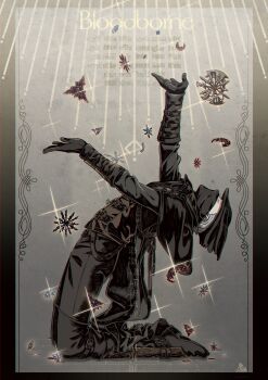 1boy absurdres arms_up belt bloodborne boots coat commentary_request copyright_name closed_eyes from_side gem gloves grey_hair hat highres huge_filesize hunter_(bloodborne) kamezaemon male_focus mask pants shine short_hair solo tricorne