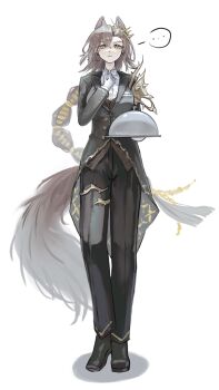 ... 1girl absurdres arknights artist_name black_coat black_pants black_shoes bow bowtie brown_hair brown_tail butler buttoned_cuffs buttons chinese_commentary closed_mouth coat collared_shirt commentary crossdressing crossdressing_(ftm) dress_pants earrings female_butler full_body gloves grey_hair grey_tail hair_between_eyes highres holding holding_tray jewelry long_hair long_sleeves looking_at_viewer mole mole_above_eye pants penance_(arknights) sakiyo shirt shoes shoulder_guard simple_background solo spoken_ellipsis standing staring tail tailcoat traditional_bowtie tray very_long_hair white_background white_bow white_bowtie white_gloves white_shirt yellow_eyes