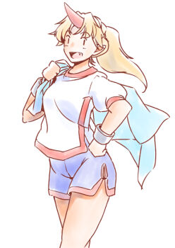 1girl :d adapted_costume blonde_hair breasts fang floating_hair hand_on_own_hip holding holding_towel horns hoshiguma_yuugi looking_at_viewer medium_breasts official_alternate_hairstyle open_mouth pointy_ears ponytail raised_eyebrows rangycrow shorts single_horn smile solo thighs touhou towel towel_on_one_shoulder walking white_background |_|