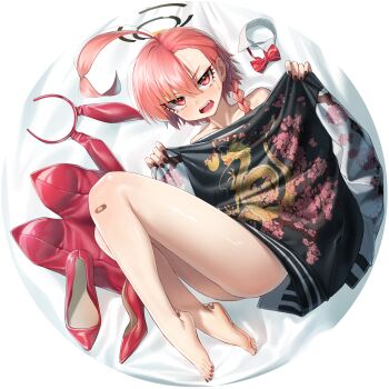 1girl absurdres ahoge animal_ear_hairband animal_ears asymmetrical_hair barefoot black_halo blue_archive bow bowtie braid detached_collar fake_animal_ears hairband halo highres huge_ahoge jacket leotard lying mole mole_under_each_eye mole_under_eye multiple_moles naked_jacket neru_(blue_archive) neru_(bunny)_(blue_archive) orange_hair playboy_bunny rabbit_ears red_eyes red_leotard shoes single_braid solo strapless strapless_leotard unworn_leotard unworn_shoes walking_nakta