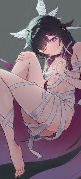 Rule 34 | 1girl, bandages, bare shoulders, barefoot, black hair, breasts, columbina (genshin impact), commentary request, genshin impact, grey background, head tilt, head wings, highres, kadokadokado, long hair, looking at viewer, multicolored hair, naked bandage, one eye closed, purple eyes, purple hair, small breasts, smile, solo, very long hair, wings