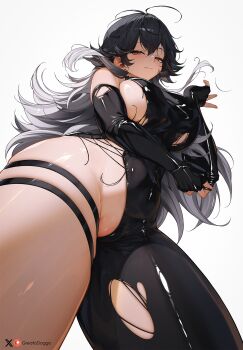 1girl ahoge black_bodysuit black_gloves black_hair bodysuit breasts closed_mouth commentary cross-laced_bodysuit double-parted_bangs elbow_gloves english_commentary fang fingerless_gloves from_below gloves goddess_of_victory:_nikke gradient_hair greatodoggo grey_hair hair_between_eyes hand_up highres k_(nikke) large_breasts long_hair looking_at_viewer multicolored_hair paid_reward_available simple_background single_leg_bodysuit solo standing thigh_strap torn_bodysuit torn_clothes very_long_hair white_background yellow_eyes