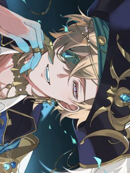 1boy absurdres arm_up aventurine_(honkai:_star_rail) black_cape blonde_hair cape crossed_bangs highres honkai:_star_rail honkai_(series) jewelry looking_at_viewer male_focus multicolored_eyes multiple_rings necklace one_eye_covered parted_bangs ring sideways solo twitter_username utu_pan