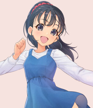 1girl black_eyes black_hair blue_dress blush commentary_request dress fukuyama_mai highres idolmaster idolmaster_cinderella_girls kaiso_(kaisooekaki) long_sleeves looking_at_viewer pinafore_dress ponytail shirt simple_background sleeveless sleeveless_dress smile solo white_shirt