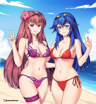 Rule 34 | 2girls, alternate costume, bare shoulders, beach, bikini, blue eyes, blue hair, blue sky, blush, breasts, cleavage, closed mouth, cloud, etchimune, fate/grand order, fate (series), fire emblem, fire emblem awakening, flower, frilled thigh strap, hair between eyes, hair flower, hair ornament, hibiscus, large breasts, long hair, looking at viewer, lucina (fire emblem), medium breasts, multiple girls, navel, nintendo, ocean, official alternate costume, open mouth, outdoors, pink bikini, purple bikini, purple hair, red bikini, red eyes, scathach (fate), scathach (fate/grand order), scathach (swimsuit assassin) (fate), sideboob, sky, smile, stomach, swimsuit, teeth, thigh strap, thighs, tiara, underboob, v, water