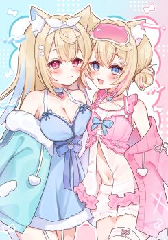 2girls absurdres animal_ear_fluff animal_ears asymmetrical_docking babydoll bandaid blonde_hair blue_babydoll blue_bow blue_choker blue_eyes blue_streaks bow braid breast_press breasts choker cleavage collarbone commentary_request crossed_bangs dog_ears dog_girl double_bun flower frilled_shorts frills fuwawa_abyssgard fuwawa_abyssgard_(pajamas) hair_between_eyes hair_bun hair_flower hair_intakes hair_ornament hairclip highres hololive hololive_english ichigousagi large_breasts long_hair looking_at_viewer low_twintails mococo_abyssgard mococo_abyssgard_(pajamas) multicolored_hair multiple_girls navel official_alternate_costume pink_babydoll pink_bow pink_choker pink_eyes pink_streaks shorts siblings sidelocks sisters sleep_mask smile stomach streaked_hair twin_braids twins twintails upper_body very_long_hair virtual_youtuber