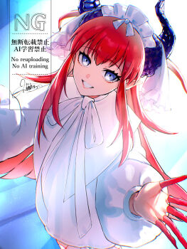 1girl backlighting blue_eyes breasts curled_horns dragon_horns dress elizabeth_bathory_(avenger)_(fate) elizabeth_bathory_(fate) fate/grand_order fate_(series) fishnet_pantyhose fishnets grin hair_ribbon highres horns long_hair long_sleeves looking_at_viewer pantyhose red_hair ribbon rokufuji_m small_breasts smile solo two_side_up veil white_dress