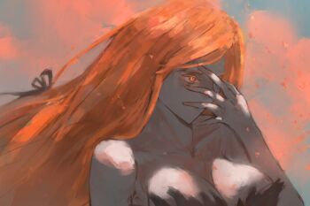 1girl arm_at_side bare_arms black_ribbon blonde_hair blue_sky breasts cleavage closed_mouth cloud cloudy_sky collarbone dusk feather-trimmed_shirt from_side glowing glowing_eye hair_ribbon hand_over_eye hand_over_face hand_up highres kiss-shot_acerola-orion_heart-under-blade large_breasts long_hair looking_to_the_side mature_female monogatari_(series) oshino_shinobu parted_bangs portrait ribbon serious shade shirt sky solo straight_hair strapless strapless_shirt very_long_hair washingmach13