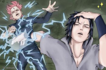 Rule 34 | 1boy, 1girl, adjusting hair, artist name, black hair, chidori (naruto), closed eyes, commentary, electricity, english commentary, hair slicked back, hand in own hair, hand on own head, haruno sakura, highres, hitting, jab, meme, mxi 95, naoya hitting choso without looking (meme), naruto (series), naruto shippuuden, parody, pink hair, punching, scene reference, signature, smear frame, twitter username, uchiha sasuke
