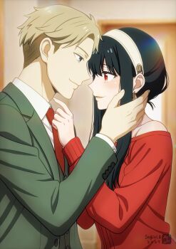 1boy 1girl artist_logo asukamama89 bare_shoulders black_hair blonde_hair blue_eyes blurry blurry_background buttons closed_mouth commentary couple dress dress_shirt earrings eye_contact fingernails from_side gold_earrings green_jacket green_vest hair_between_eyes hair_bun hairband hand_on_another&#039;s_face highres ii_fuufu_no_hi imminent_kiss index_finger_raised indoors jacket jewelry light_blush logo long_hair long_sidelocks long_sleeves looking_at_another necktie off-shoulder_sweater off_shoulder parted_lips red_dress red_eyes red_necktie red_sweater shirt short_hair sidelocks smile speech_bubble spy_x_family suit_jacket sweater sweater_dress twilight_(spy_x_family) upper_body vest waistcoat white_hairband white_shirt yor_briar