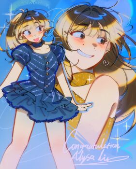 Rule 34 | 1girl, 2026 winter olympics, alysa liu, animification, blonde hair, blue background, blue choker, blue dress, blush, brown eyes, brown hair, btschickennugget, character name, choker, collarbone, commentary, congratulations, dress, earrings, english commentary, glint, gold dress, heart, highres, jewelry, looking to the side, mole, mole above mouth, multiple views, olympics, open hand, parted lips, ponytail, real life, smile