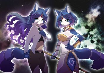 2girls :3 adjusting_clothes animal_ear_fluff animal_ears animal_nose aqua_eyes arm_tattoo armor artistic_error bandeau belt blue_fur blue_gemstone blue_hair body_fur border breasts brown_pants choker circlet claws cleavage clenched_hand closed_mouth cloud collarbone crystal dual_persona fang female_focus fox_ears fox_girl fox_tail furry furry_female gem gold gradient_hair hand_on_own_hip hand_up happy high_collar highres holding holding_polearm holding_spear holding_weapon jacket jewelry krystal leg_tattoo loincloth long_hair looking_at_viewer medium_breasts multicolored_hair multiple_girls namagaki_yukina navel necklace nintendo open_clothes open_jacket open_mouth outline pants polearm purple_hair red_gemstone shirt short_hair shoulder_armor sky smile snout space spear standing star_(sky) star_fox star_fox_adventures starry_sky stomach tail tail_ornament tail_ring tattoo tribal two-tone_fur two-tone_hair v-shaped_eyebrows vambraces weapon white_border white_fur white_jacket white_outline yellow_choker